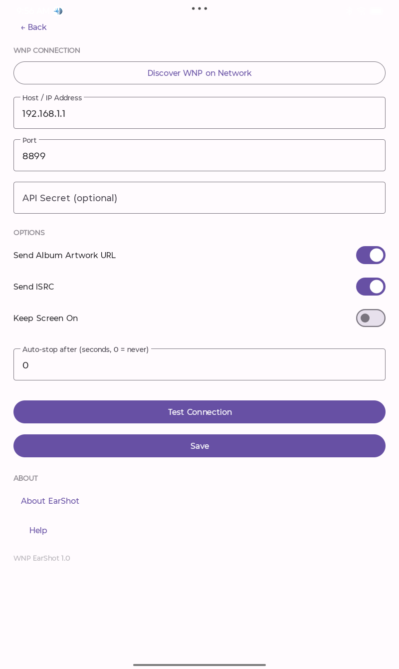 EarShot Android settings
